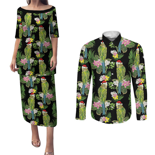 Aussie Santa Budgie Christmas Couples Matching Puletasi and Long Sleeve Button Shirt Black Parakeet Tropical Floral