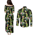 Aussie Santa Budgie Christmas Couples Matching Puletasi and Long Sleeve Button Shirt Black Parakeet Tropical Floral