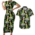 Aussie Santa Budgie Christmas Couples Matching Short Sleeve Bodycon Dress and Hawaiian Shirt Black Parakeet Tropical Floral