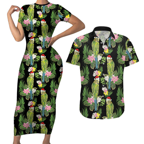 Aussie Santa Budgie Christmas Couples Matching Short Sleeve Bodycon Dress and Hawaiian Shirt Black Parakeet Tropical Floral