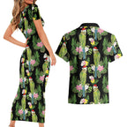 Aussie Santa Budgie Christmas Couples Matching Short Sleeve Bodycon Dress and Hawaiian Shirt Black Parakeet Tropical Floral