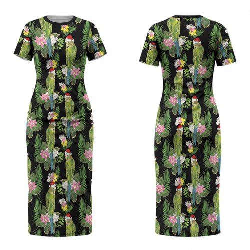 Aussie Santa Budgie Christmas Couples Matching Short Sleeve Bodycon Dress and Hawaiian Shirt Black Parakeet Tropical Floral LT9