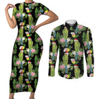 Aussie Santa Budgie Christmas Couples Matching Short Sleeve Bodycon Dress and Long Sleeve Button Shirt Black Parakeet Tropical Floral