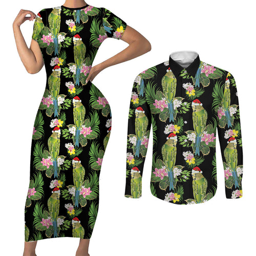 Aussie Santa Budgie Christmas Couples Matching Short Sleeve Bodycon Dress and Long Sleeve Button Shirt Black Parakeet Tropical Floral