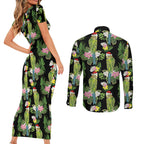 Aussie Santa Budgie Christmas Couples Matching Short Sleeve Bodycon Dress and Long Sleeve Button Shirt Black Parakeet Tropical Floral
