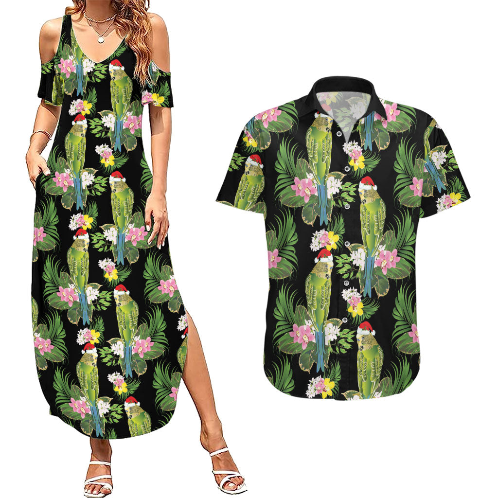 Aussie Santa Budgie Christmas Couples Matching Summer Maxi Dress and Hawaiian Shirt Black Parakeet Tropical Floral