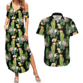 Aussie Santa Budgie Christmas Couples Matching Summer Maxi Dress and Hawaiian Shirt Black Parakeet Tropical Floral