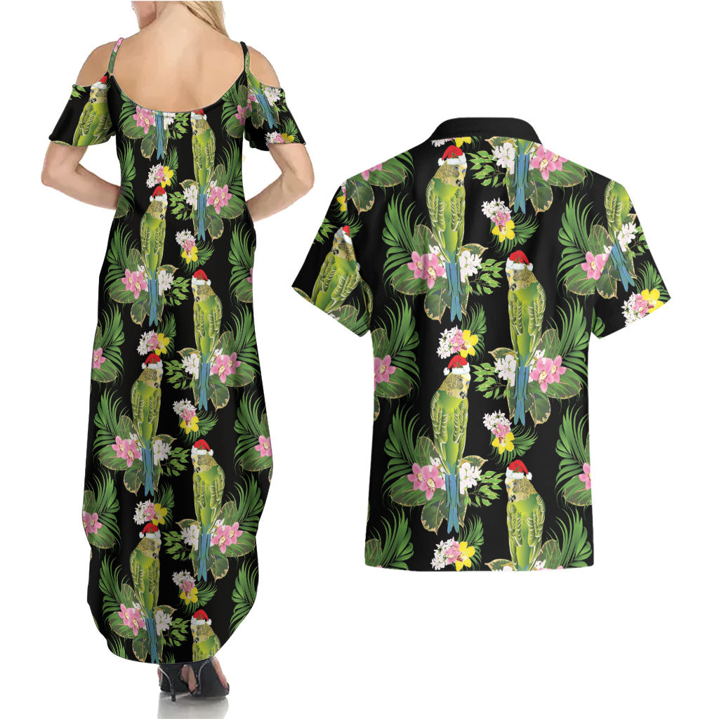 Aussie Santa Budgie Christmas Couples Matching Summer Maxi Dress and Hawaiian Shirt Black Parakeet Tropical Floral