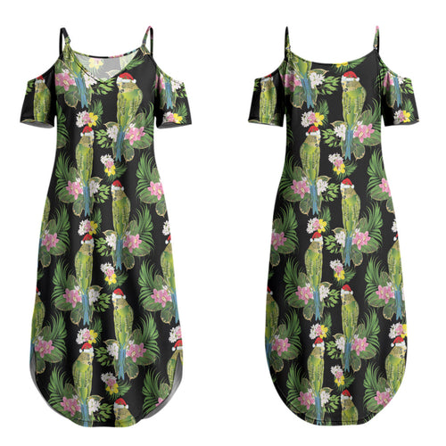 Aussie Santa Budgie Christmas Couples Matching Summer Maxi Dress and Hawaiian Shirt Black Parakeet Tropical Floral LT9