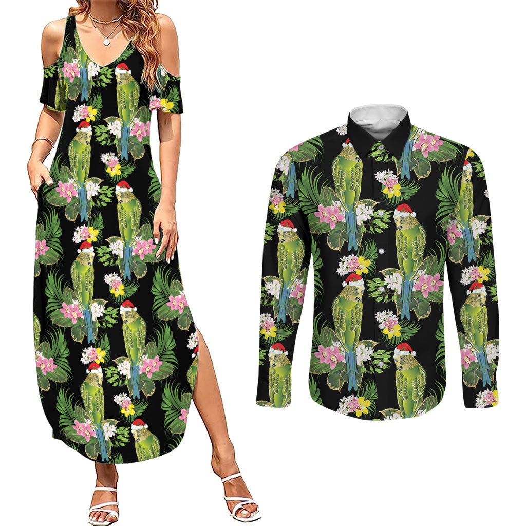 Aussie Santa Budgie Christmas Couples Matching Summer Maxi Dress and Long Sleeve Button Shirt Black Parakeet Tropical Floral