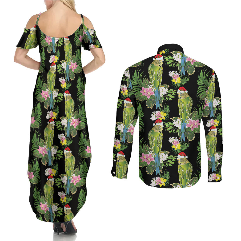 Aussie Santa Budgie Christmas Couples Matching Summer Maxi Dress and Long Sleeve Button Shirt Black Parakeet Tropical Floral
