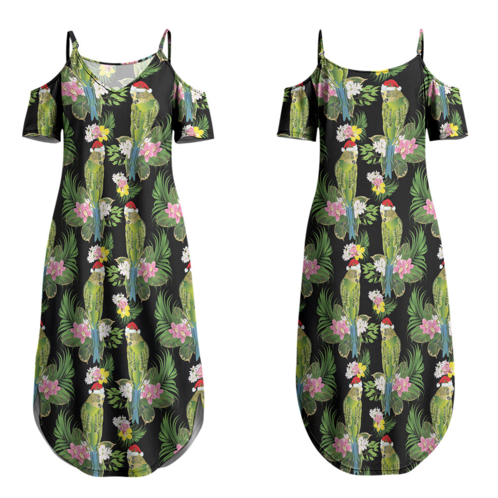 Aussie Santa Budgie Christmas Couples Matching Summer Maxi Dress and Long Sleeve Button Shirt Black Parakeet Tropical Floral LT9