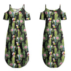 Aussie Santa Budgie Christmas Couples Matching Summer Maxi Dress and Long Sleeve Button Shirt Black Parakeet Tropical Floral LT9