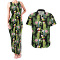 Aussie Santa Budgie Christmas Couples Matching Tank Maxi Dress and Hawaiian Shirt Black Parakeet Tropical Floral