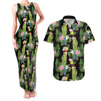 Aussie Santa Budgie Christmas Couples Matching Tank Maxi Dress and Hawaiian Shirt Black Parakeet Tropical Floral