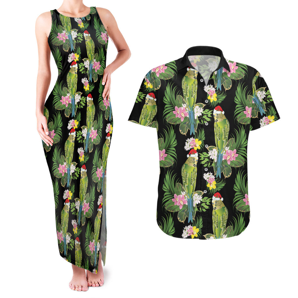 Aussie Santa Budgie Christmas Couples Matching Tank Maxi Dress and Hawaiian Shirt Black Parakeet Tropical Floral