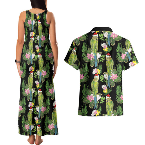Aussie Santa Budgie Christmas Couples Matching Tank Maxi Dress and Hawaiian Shirt Black Parakeet Tropical Floral