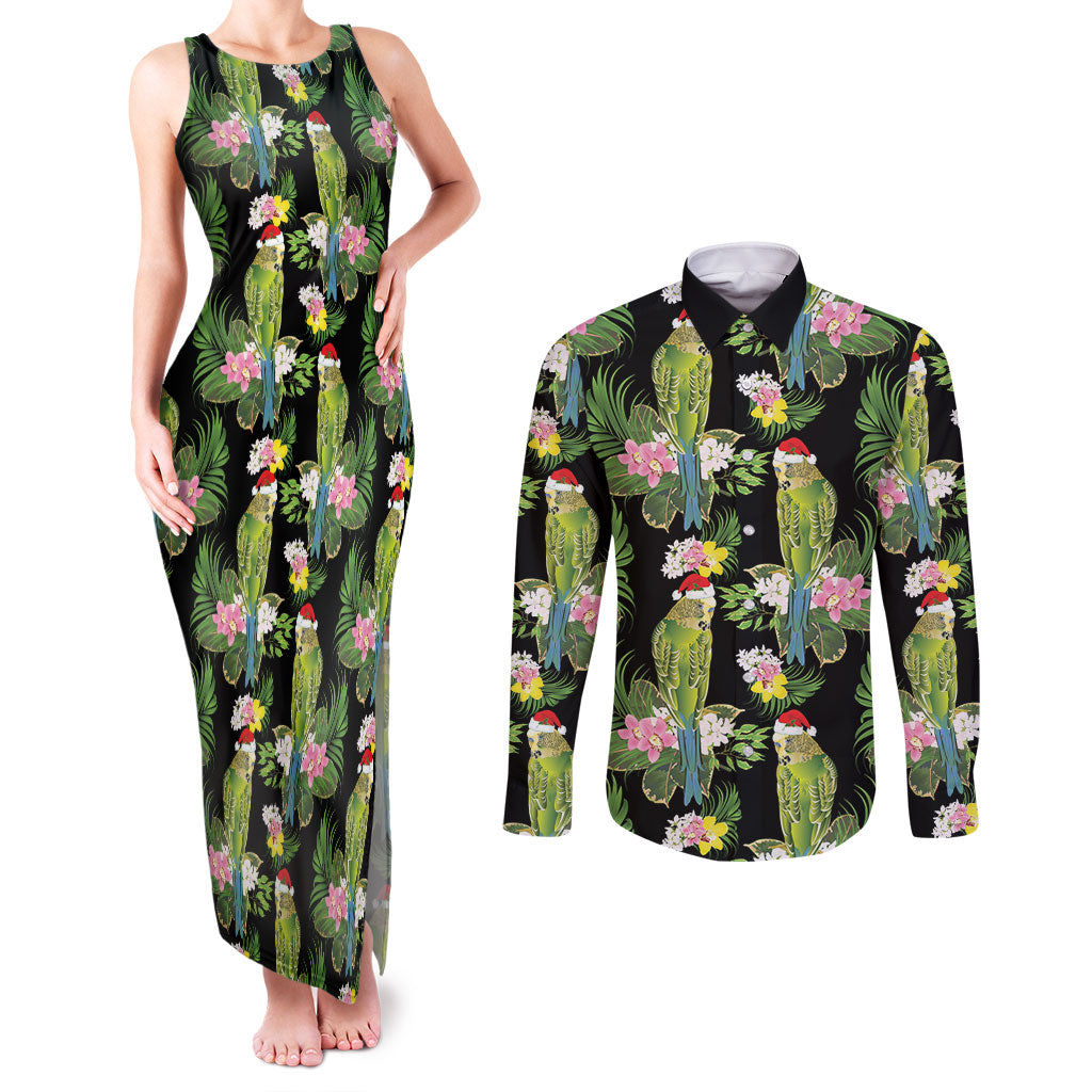 Aussie Santa Budgie Christmas Couples Matching Tank Maxi Dress and Long Sleeve Button Shirt Black Parakeet Tropical Floral