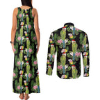 Aussie Santa Budgie Christmas Couples Matching Tank Maxi Dress and Long Sleeve Button Shirt Black Parakeet Tropical Floral