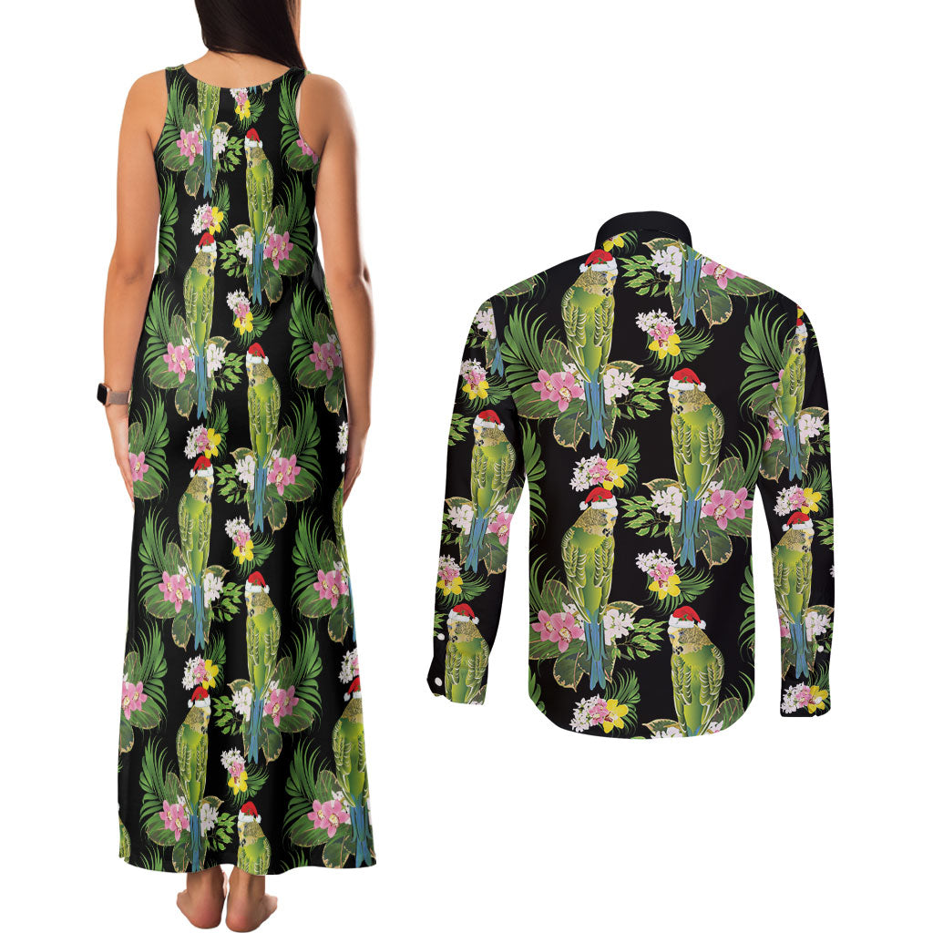Aussie Santa Budgie Christmas Couples Matching Tank Maxi Dress and Long Sleeve Button Shirt Black Parakeet Tropical Floral