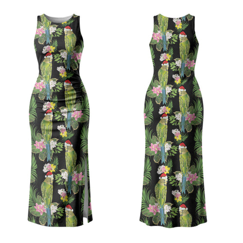 Aussie Santa Budgie Christmas Couples Matching Tank Maxi Dress and Long Sleeve Button Shirt Black Parakeet Tropical Floral LT9