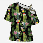 Aussie Santa Budgie Christmas Cross Shoulder Shirt Black Parakeet Tropical Floral