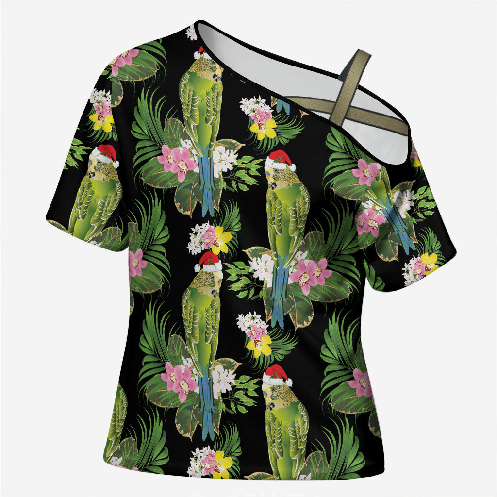 Aussie Santa Budgie Christmas Cross Shoulder Shirt Black Parakeet Tropical Floral