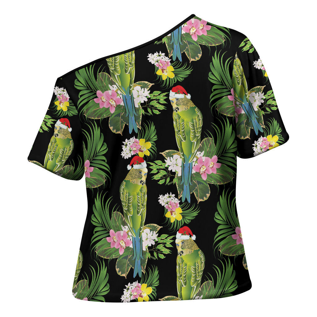 Aussie Santa Budgie Christmas Cross Shoulder Shirt Black Parakeet Tropical Floral