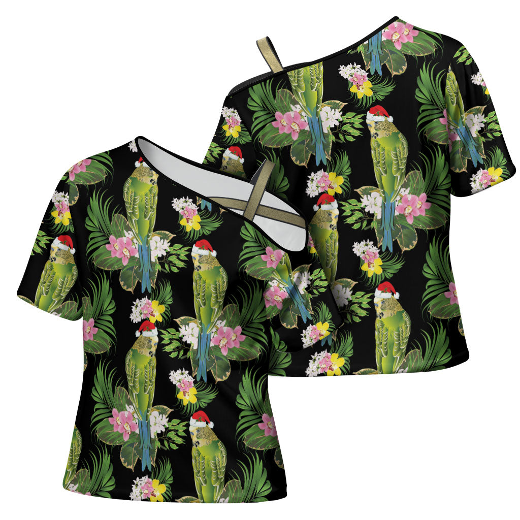 Aussie Santa Budgie Christmas Cross Shoulder Shirt Black Parakeet Tropical Floral