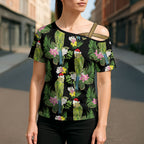 Aussie Santa Budgie Christmas Cross Shoulder Shirt Black Parakeet Tropical Floral