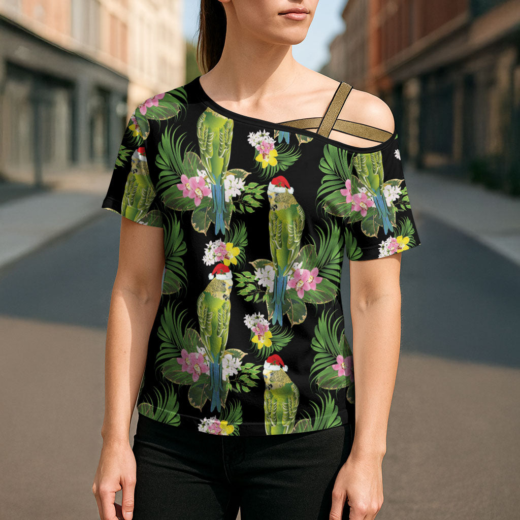 Aussie Santa Budgie Christmas Cross Shoulder Shirt Black Parakeet Tropical Floral