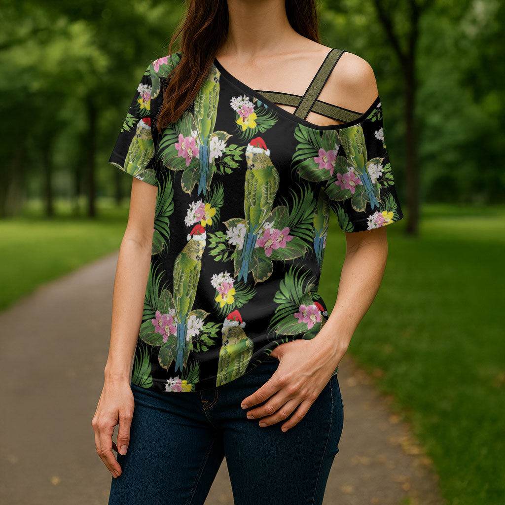 Aussie Santa Budgie Christmas Cross Shoulder Shirt Black Parakeet Tropical Floral