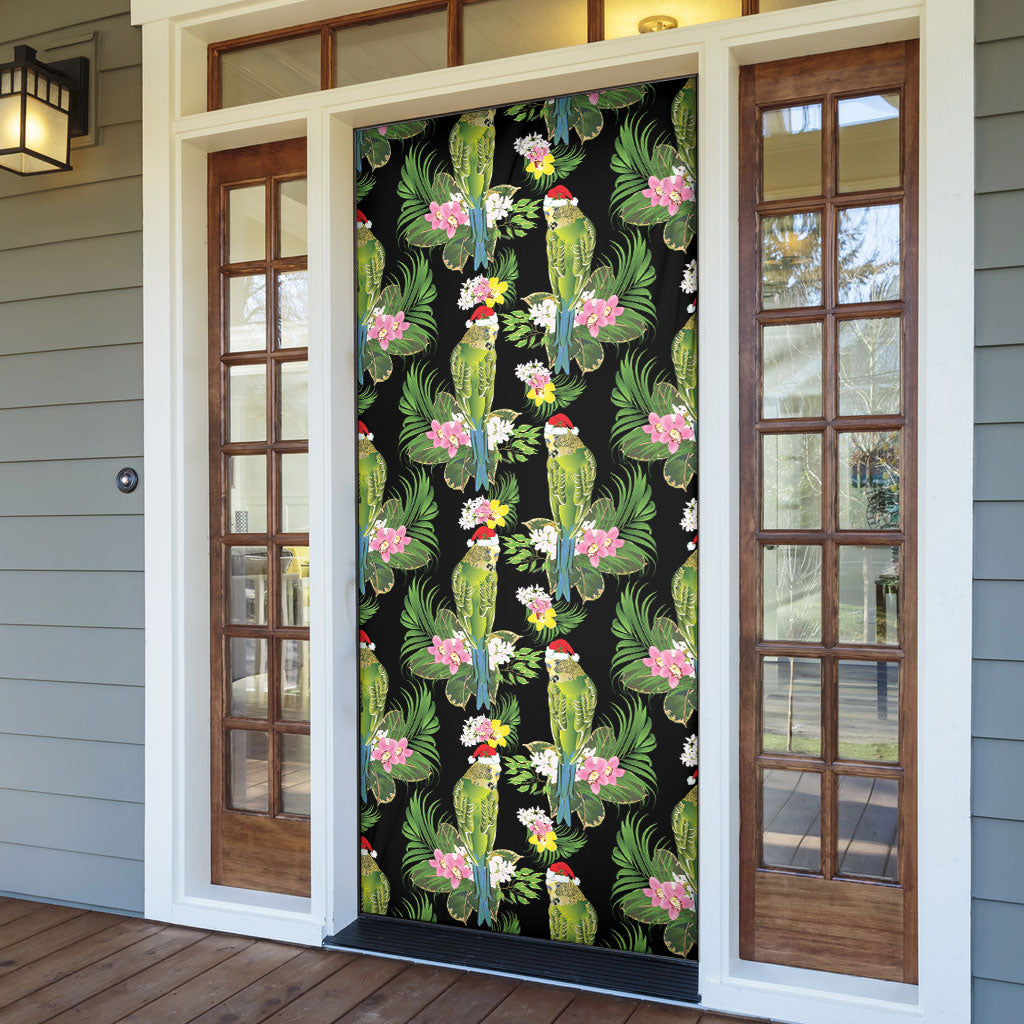 Aussie Santa Budgie Christmas Door Cover Black Parakeet Tropical Floral