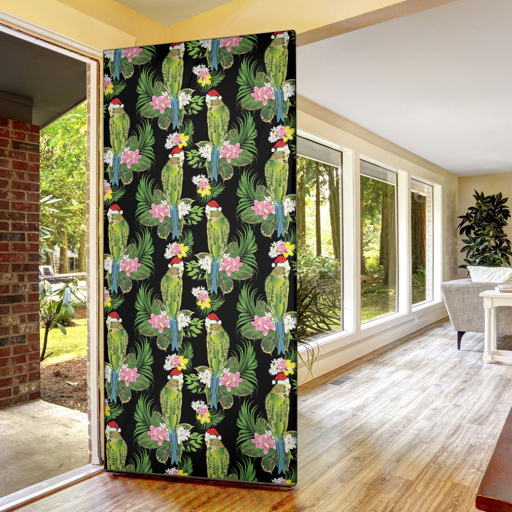 Aussie Santa Budgie Christmas Door Cover Black Parakeet Tropical Floral