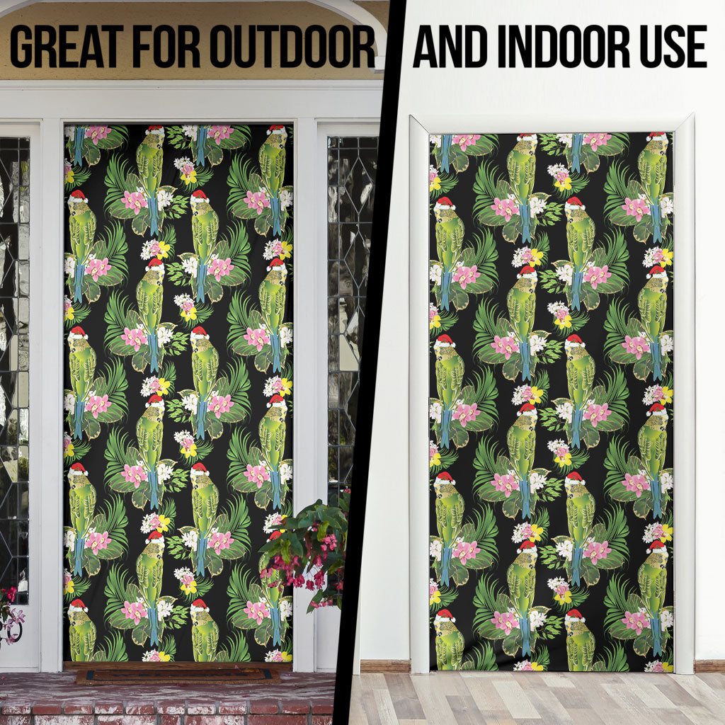 Aussie Santa Budgie Christmas Door Cover Black Parakeet Tropical Floral