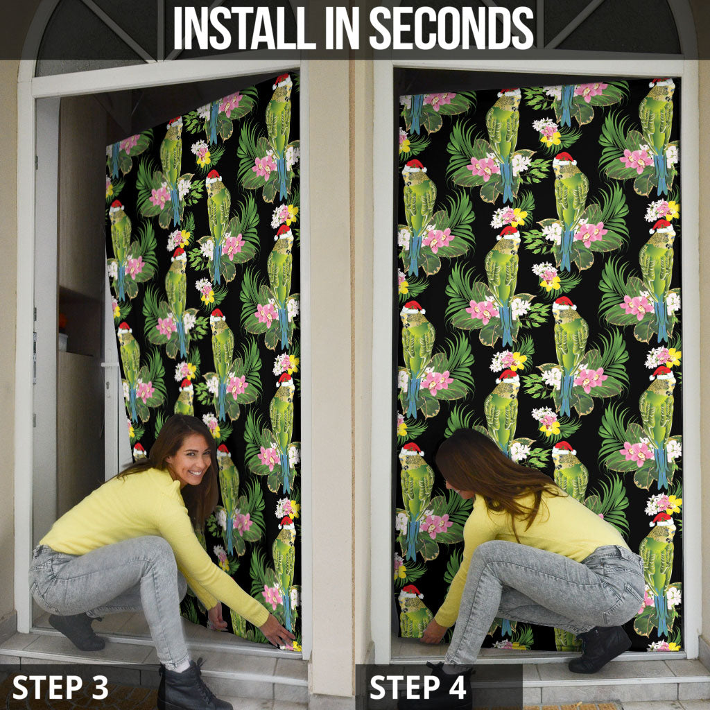 Aussie Santa Budgie Christmas Door Cover Black Parakeet Tropical Floral
