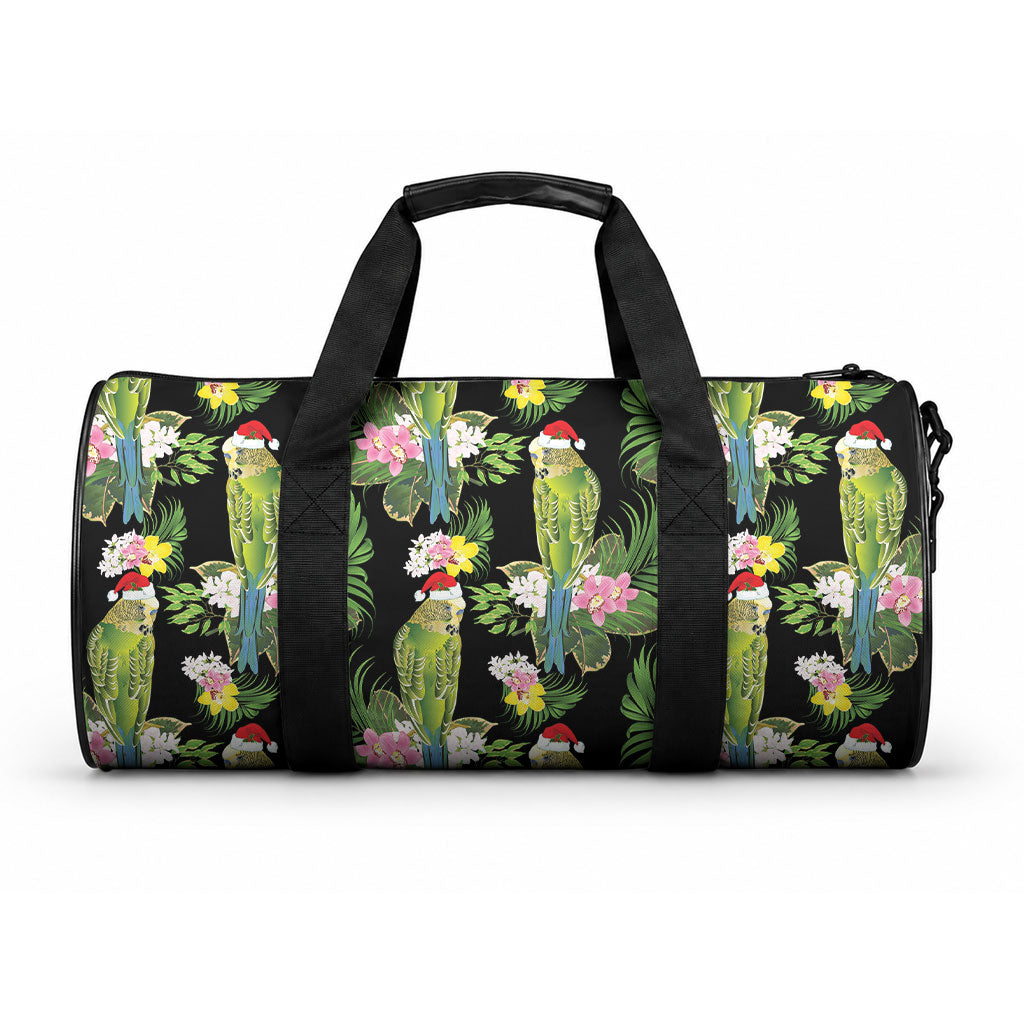 Aussie Santa Budgie Christmas Duffle Bag Black Parakeet Tropical Floral