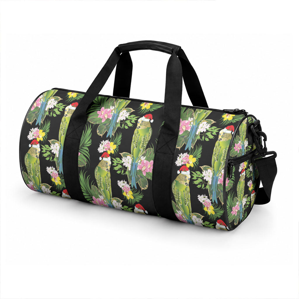 Aussie Santa Budgie Christmas Duffle Bag Black Parakeet Tropical Floral