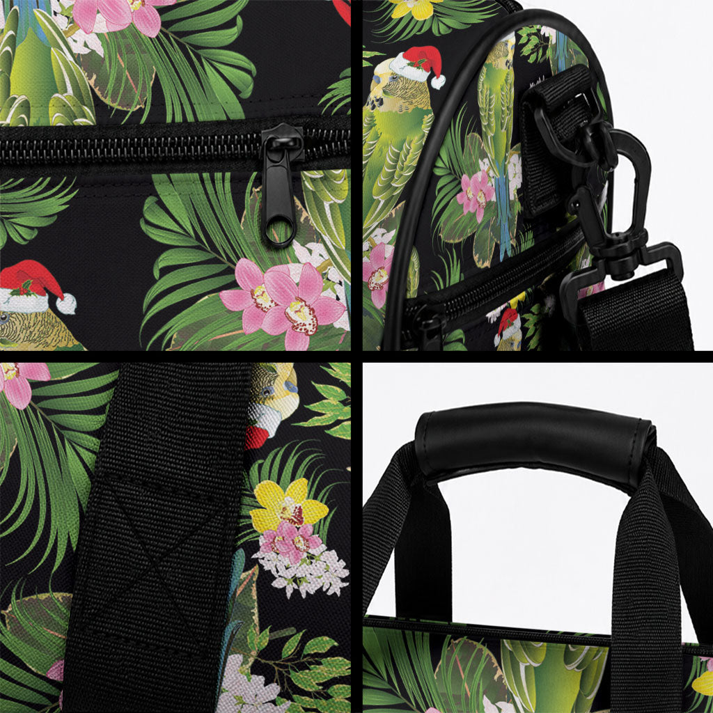 Aussie Santa Budgie Christmas Duffle Bag Black Parakeet Tropical Floral