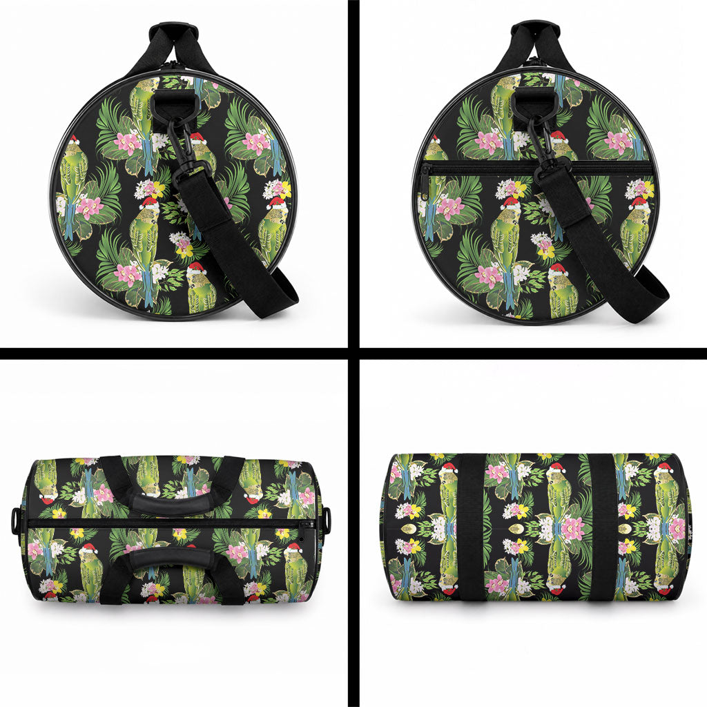 Aussie Santa Budgie Christmas Duffle Bag Black Parakeet Tropical Floral