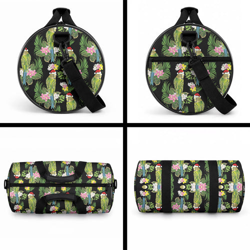 Aussie Santa Budgie Christmas Duffle Bag Black Parakeet Tropical Floral