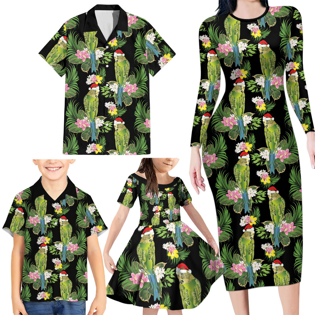 Aussie Santa Budgie Christmas Family Matching Long Sleeve Bodycon Dress and Hawaiian Shirt Black Parakeet Tropical Floral