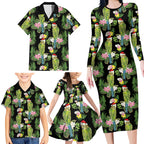 Aussie Santa Budgie Christmas Family Matching Long Sleeve Bodycon Dress and Hawaiian Shirt Black Parakeet Tropical Floral