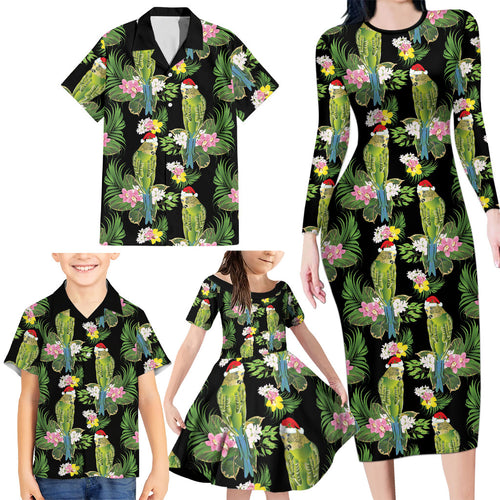 Aussie Santa Budgie Christmas Family Matching Long Sleeve Bodycon Dress and Hawaiian Shirt Black Parakeet Tropical Floral