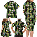 Aussie Santa Budgie Christmas Family Matching Long Sleeve Bodycon Dress and Hawaiian Shirt Black Parakeet Tropical Floral