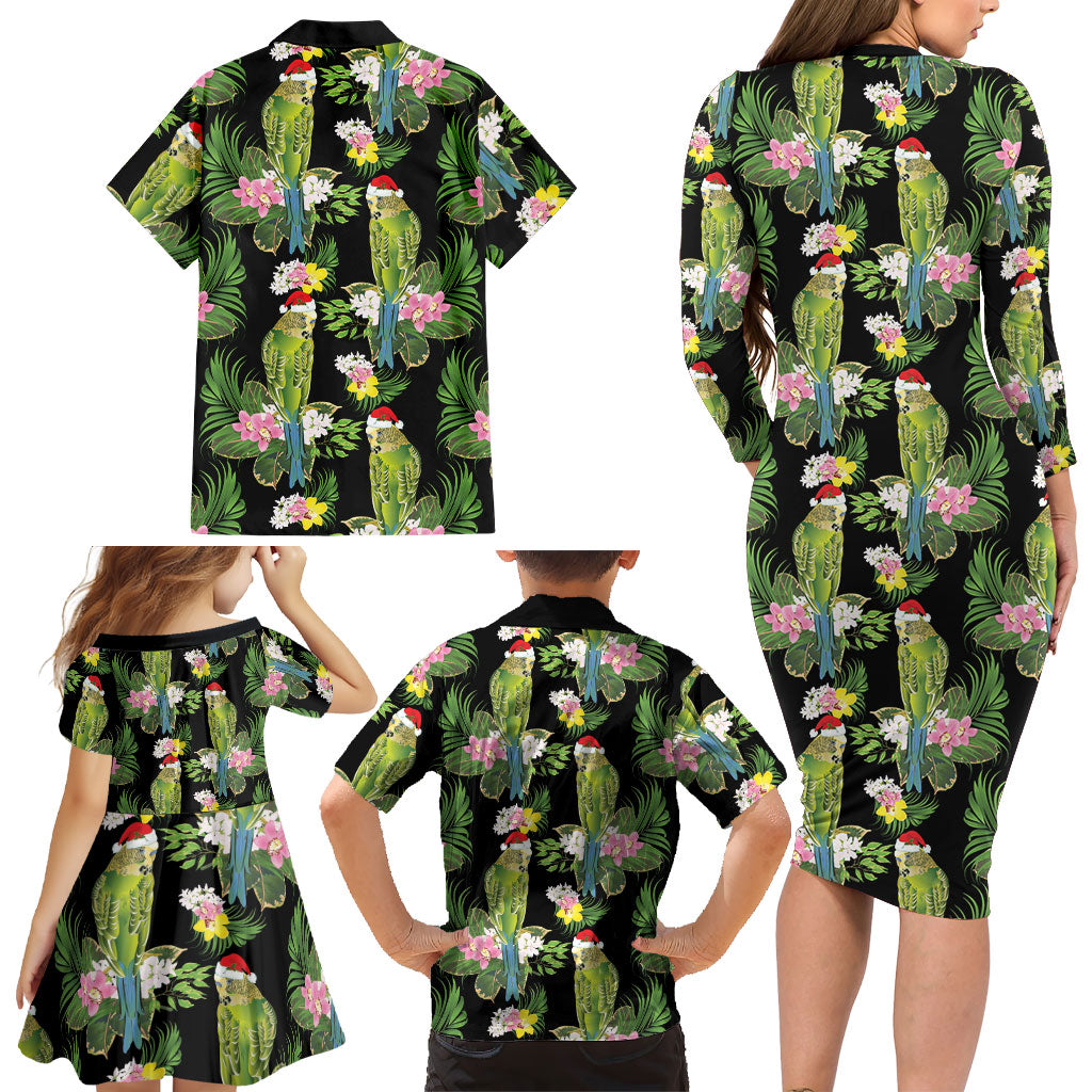 Aussie Santa Budgie Christmas Family Matching Long Sleeve Bodycon Dress and Hawaiian Shirt Black Parakeet Tropical Floral