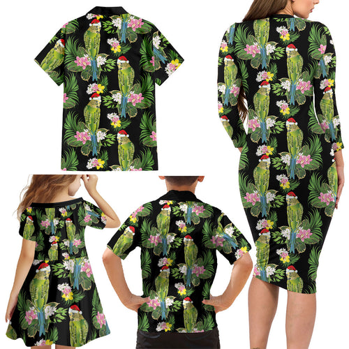Aussie Santa Budgie Christmas Family Matching Long Sleeve Bodycon Dress and Hawaiian Shirt Black Parakeet Tropical Floral
