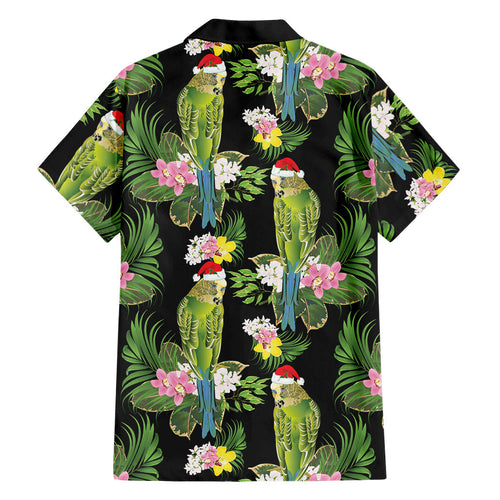 Aussie Santa Budgie Christmas Family Matching Long Sleeve Bodycon Dress and Hawaiian Shirt Black Parakeet Tropical Floral