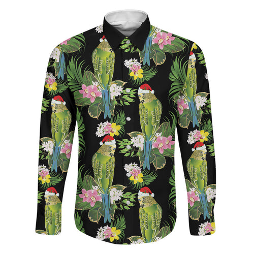 Aussie Santa Budgie Christmas Family Matching Long Sleeve Bodycon Dress and Hawaiian Shirt Black Parakeet Tropical Floral