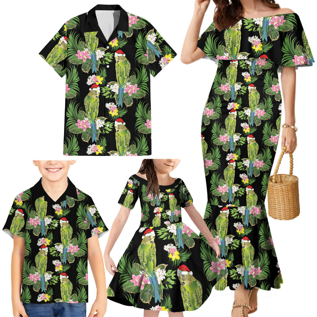 Aussie Santa Budgie Christmas Family Matching Mermaid Dress and Hawaiian Shirt Black Parakeet Tropical Floral